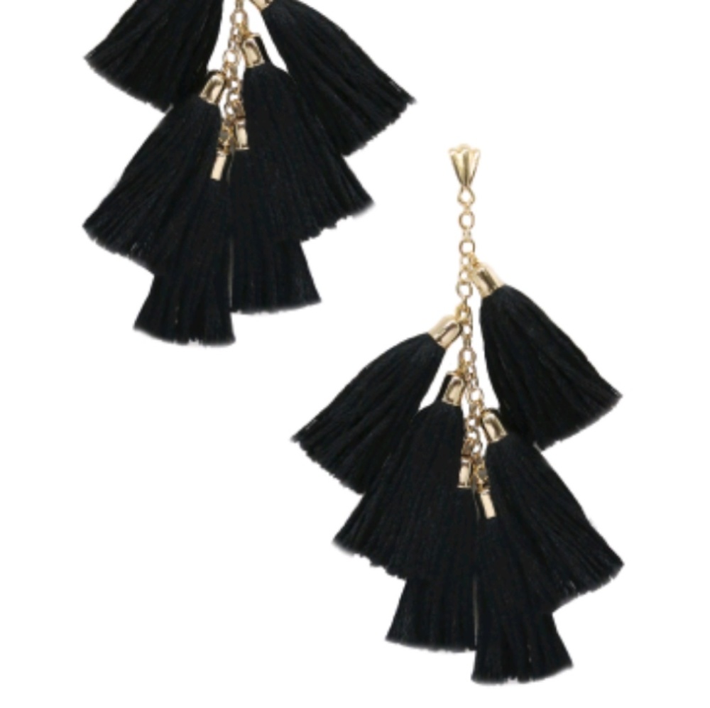 Ettika Daydreamer Black Tassel Fringe Earrings 18K Gold-plated Dangling Drop
